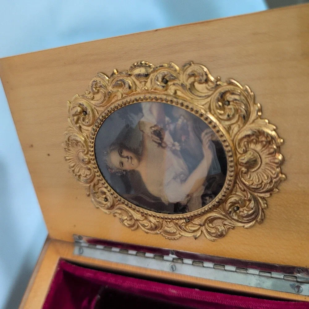 Vintage Working Wooden Ballerina (nonworking) Music Box Mirror Red Fabric Lining